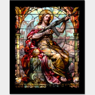 Jesus with AK47 Gun Stained Glass Funny Posters and Art